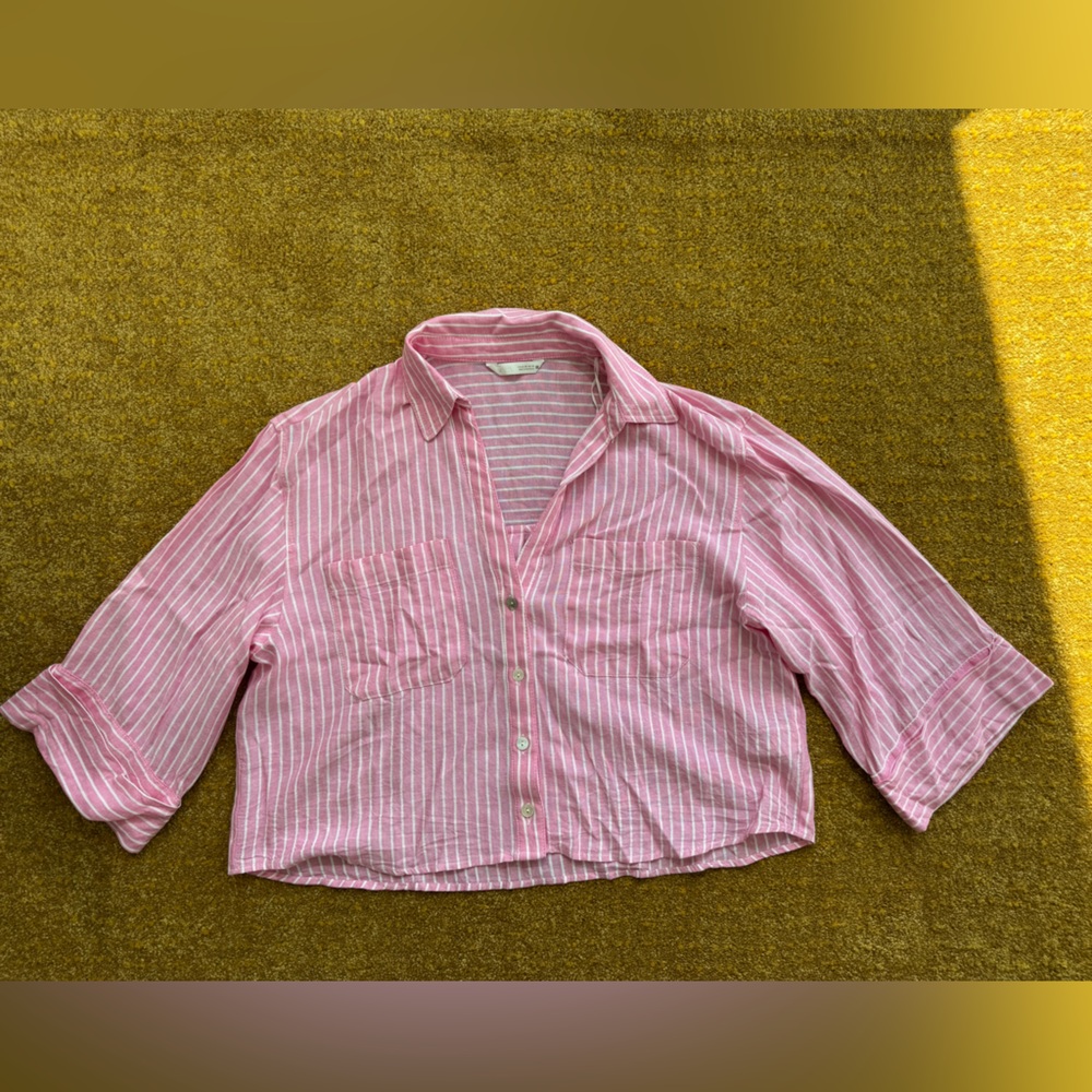 Zara Cropped Linen Blend Pink White Striped Button Down Shirt US XS